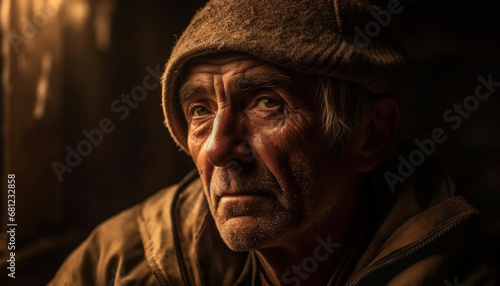Sad senior man with a wrinkled face looking at the camera generated by AI