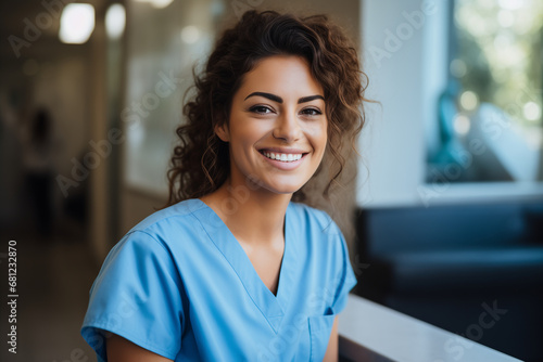 female latina doctor smiling into the camera. professional healthcare system and friendly employer at hospital.