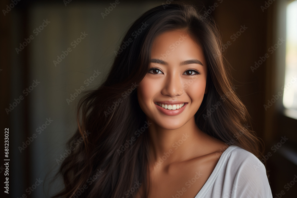 A closeup photo portrait of a beautiful young filipino model woman smiling with clean teeth. used for a skincare or beauty ad A closeup photo portrait of a beautiful young filipino model woman smiling with clean teeth. used for a skincare or beauty ad