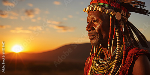 African Tribal Chief in Traditional Attire: Photorealistic image of an African tribal chief in colorful traditional attire, standing proudly in the savannah at dawn, with warm, golden lighting and a v