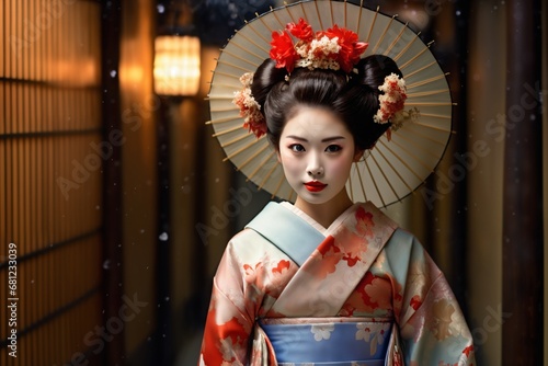 geisha women wearing traditional japanese costumes posing in night Kyoto city streets