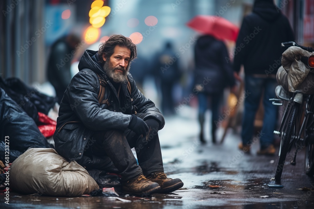 Obraz premium Sad homeless man sitting on the street in winter. Homelessness concept.