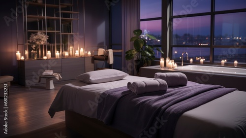 Enjoy the tranquility of a spa room bathed in dim lighting candle. with a purple bedroom and jacuzzi tub. Generative AI