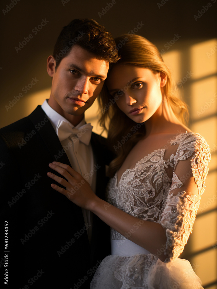 Elegant wedding portrait of a couple, soft ambient light, classic poses, intricate lace wedding dress, sharp black tuxedo, shallow depth of field