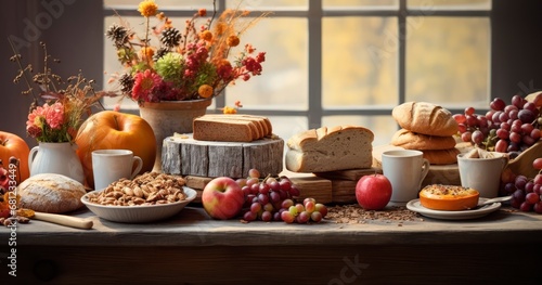 Table Bursting with the Richness of Autumnal Breakfast Items, Complemented by the Fiery Foliage of the Season. Generative AI