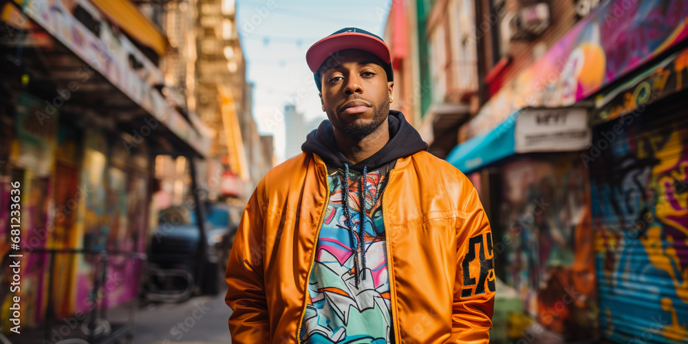 Hip-Hop Artist in Brooklyn: Full-length portrait of a hip-hop artist with dynamic streetwear, captured in the vibrant streets of Brooklyn, New York, with graffiti art in the background