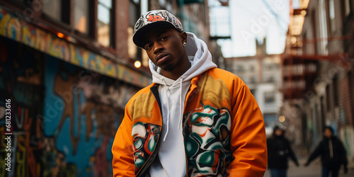 Hip-Hop Artist in Brooklyn: Full-length portrait of a hip-hop artist with dynamic streetwear, captured in the vibrant streets of Brooklyn, New York, with graffiti art in the background