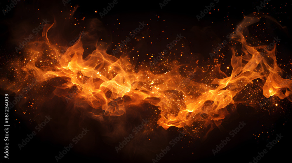 Fire sparks particles with flames isolated on black background. Very high resolution generativ ai Fire sparks particles with flames isolated on black background. Very high resolution generativ ai