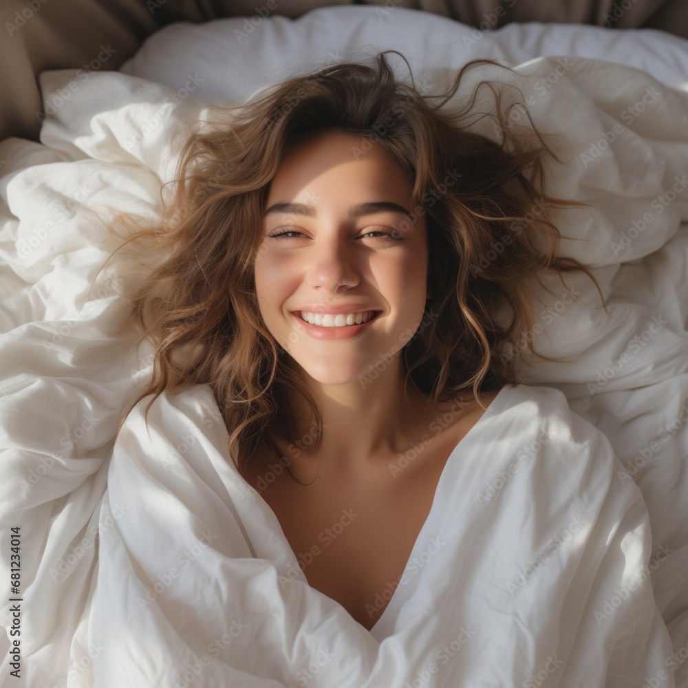Beautiful young woman stretching in bed after waking up in the morning. Beautiful young woman stretching in bed after waking up in the morning.