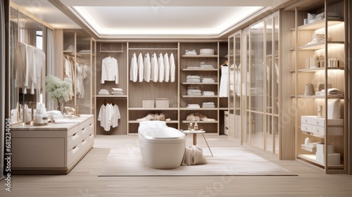 The Artful Integration of a Spacious Walk-In Closet with the Tranquil Ambiance of the Bathroom. Generative AI