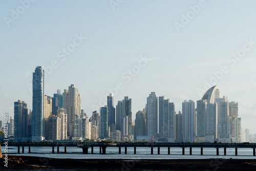 View of the skyscrapers of the urban area of ​​Panama City with the Causeway Bridge in the foreground