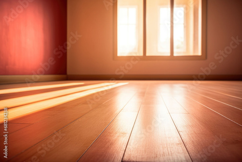Living room with sunlight shine through a sliding door, wooden floor, red wall. Generative AI