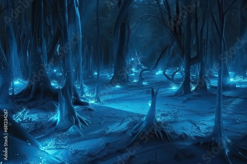 Magical forest at night. Bioluminescent fungi and glowing flowers. Generative AI