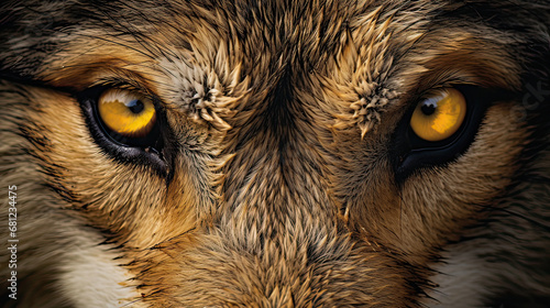 Intense close-up of a wolf's gaze, eyes mirroring the vast wilderness AI generative