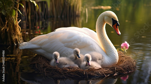 Majestic swan nestling with cygnets in a cozy lakeside nook AI generative