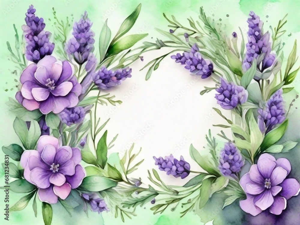 Light fresh green background with purple lavender and roses flowers around it. Spring background, seamless pattern, texture, blooming floral mockup, copy space wallpaper, summer province mockup.