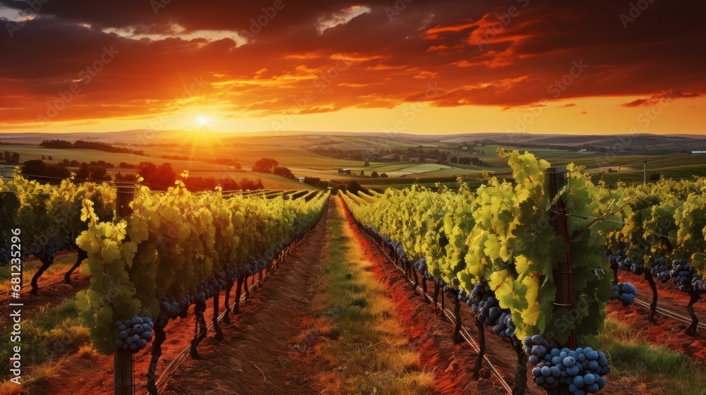 Naklejka premium Capturing the Beauty of a Sunset Over a Lush Vineyard. Generative AI
