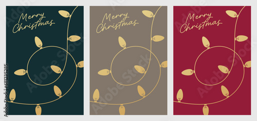 Merry Christmas Card Design Template. Vector Christmas Card Elegant Design with Christmas Lights. String Lights Christmas Card with Gold Cursive Lettering. Festive Xmas Illustration for Greeting Card