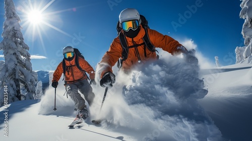 Snowboarders energetically descending the slope  kicking up swirls of snow on a clear sunny day. Concept  Skiing  family vacation in snow-capped mountains  winter resort on an alpine slope
