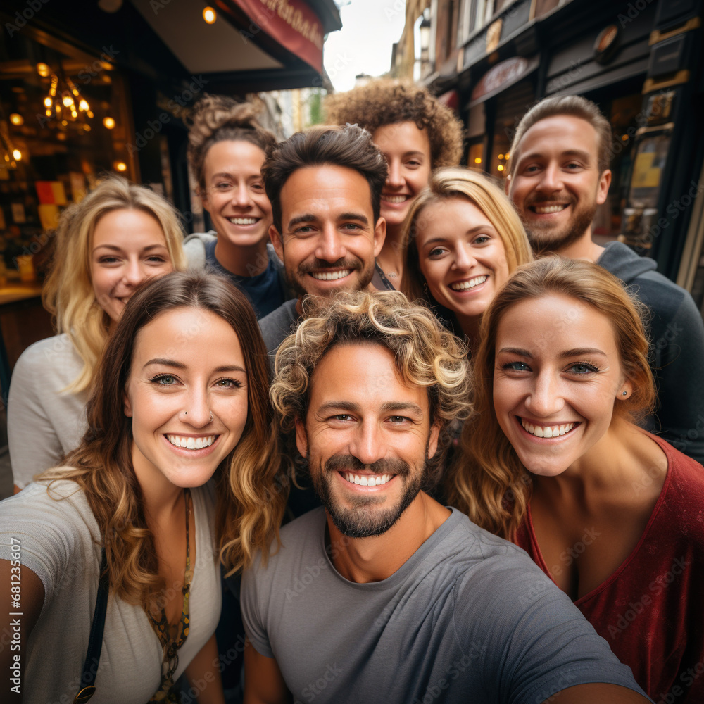 young people selfie photo having fun during summer vacations holydays, fisheye happy group