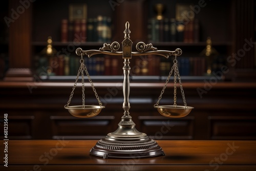 Scales of justice on wooden table in courtroom. Law and justice concept.