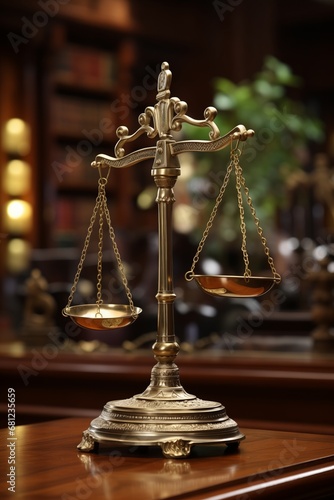 Scales of justice on wooden table in courtroom. Law and justice concept.