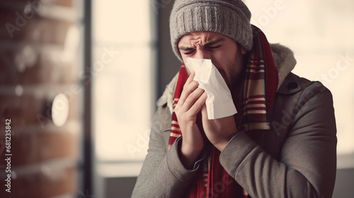 Colds, seasonal flu. A man with a runny nose, warm clothes, a hat and a scarf. A guy blows his nose into a handkerchief, illness, respiratory disease. Bad feeling
