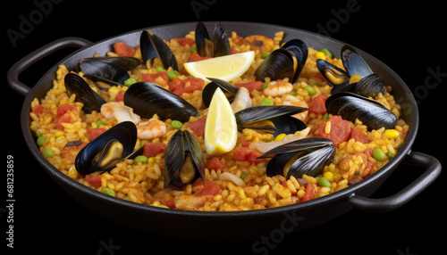 Fresh seafood paella with saffron rice  prawns  mussels and vegetables generated by AI