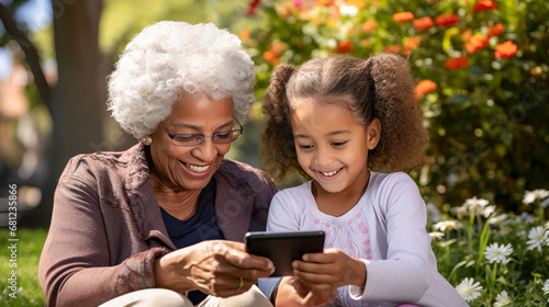 Fototapeta Naklejka Na Ścianę i Meble -  A black grandmother joyfully learns to use a tablet with her grandchild in a sunny garden