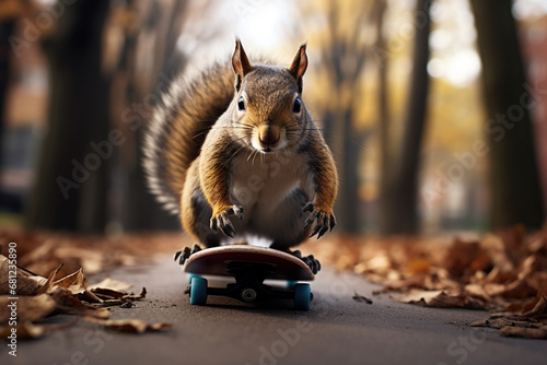 Speed increase, squirrel courier delivery, transportation, efficient fast movement, time saving fast delivery concept. Red squirrel on a skateboard.