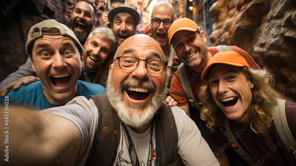 selfie photo of a group of happy people during summer vacation holydays, adult elderly fisheye selfie photo of a group of happy people during summer vacation holydays, adult elderly fisheye