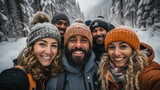 selfie photo of a group of friends having fun during winter vacations holydays, wintersport in the snow smiling