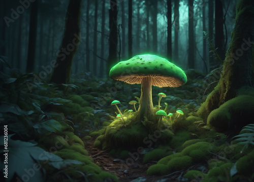 Mysterious forest with a close-up of a glowing green mushroom