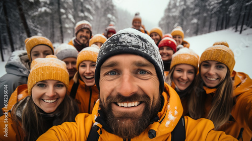 selfie photo of a group of friends having fun during winter vacations holydays, wintersport in the snow smiling photo