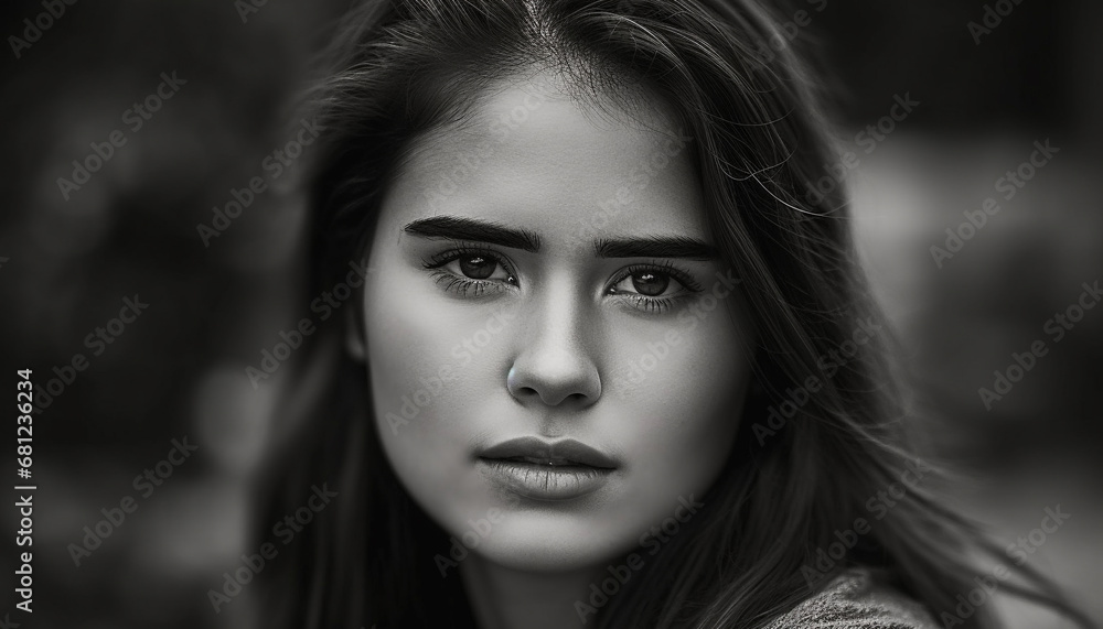 Young adult woman with brown hair looking at camera outdoors generated by AI Young adult woman with brown hair looking at camera outdoors generated by AI