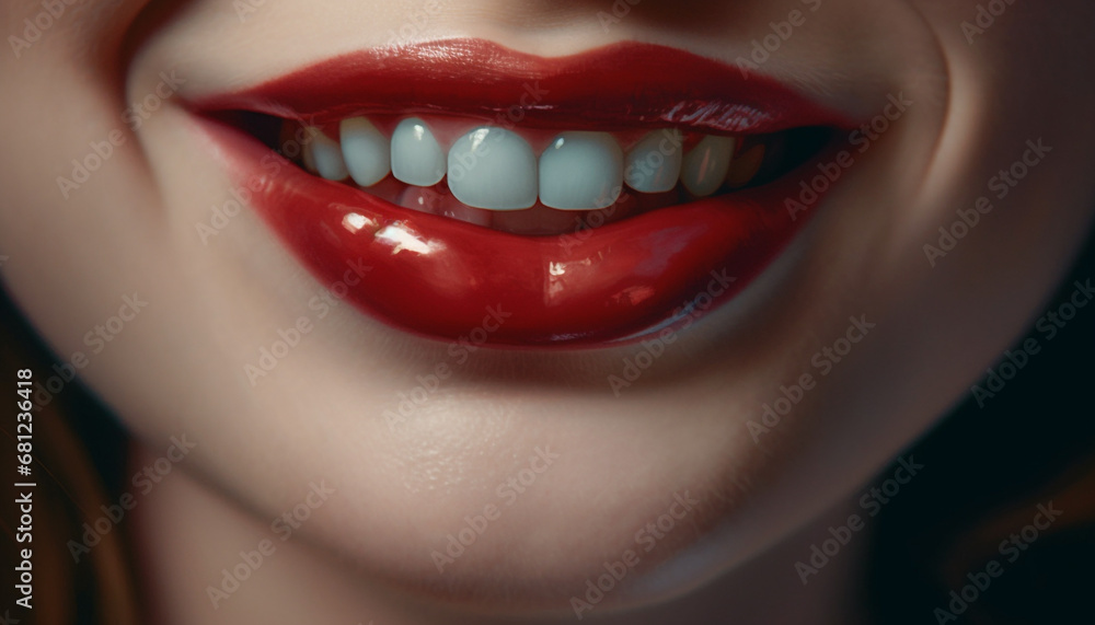 Beautiful woman with shiny lipstick smiling, looking at camera generated by AI Beautiful woman with shiny lipstick smiling, looking at camera generated by AI