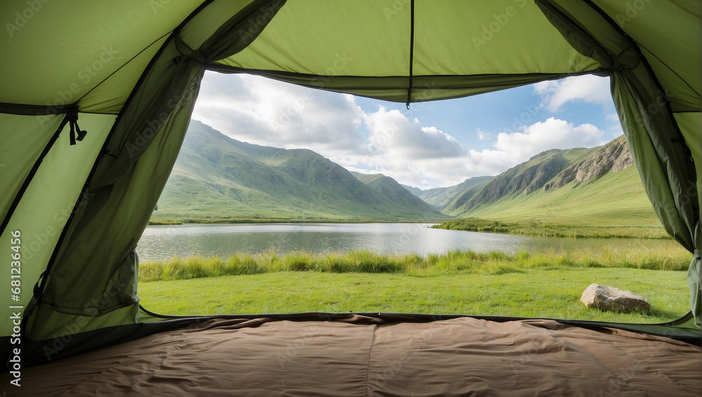 views of the lake and mountains from inside the tent