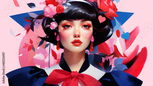 Illustration d'une femme. Style manga, japonais. Couleurs rose, bleu, rouge. Féminin, art, visage, mode. Pour conception et création graphique. photo