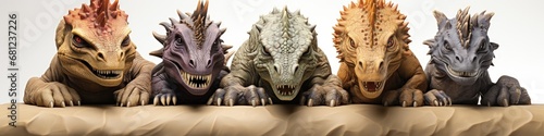 Colorful Dragons in a Row on Beige Background