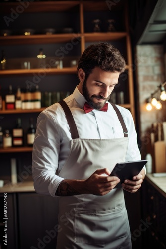 Cafe waiter reading on digital tablet, scroll through inventory list and check stock, small business. photo