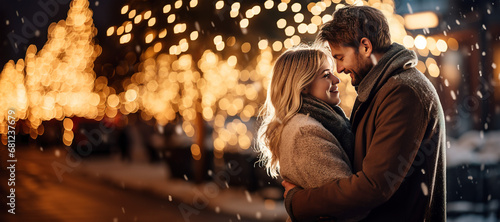 Elegant woman embracing a young man against a background decorated with Christmas lights Generative AI