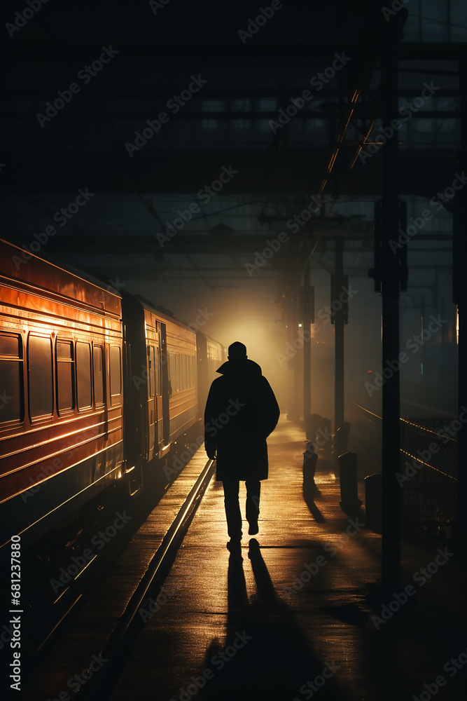 Moody neo noir image of man walking along a train station beside a train on a rainy night.