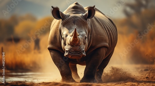Wild Wanderer - The Powerful Strides of a Rhino in Its Natural Habitat. Generative AI