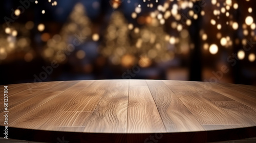 Wooden table on a background decorated with Christmas lights Generative AI