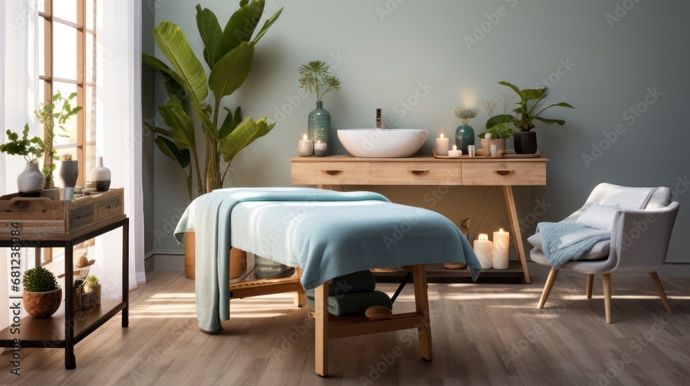 Relaxation Awaits. The Alluring Comfort of a Perfectly Set Up Massage Table. Generative AI