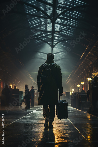 Moody film neo noir image of man with a suitcase walking along a train station beside a train on a rainy night.