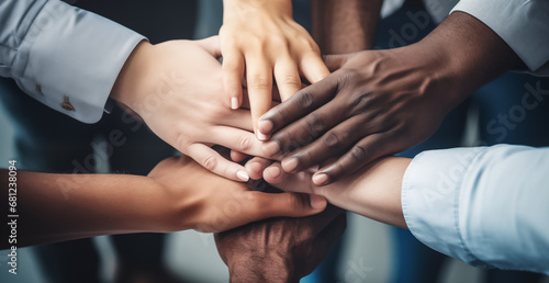 Top view of people putting their hands together. Group of Diverse Hands Together Joining Concept. Friends with stack of hands showing unity and teamwork.