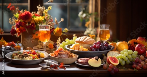 Morning in the Fall - A Table Elegantly Laden with Seasonal Breakfast Delights and Autumnal Adornments. Generative AI