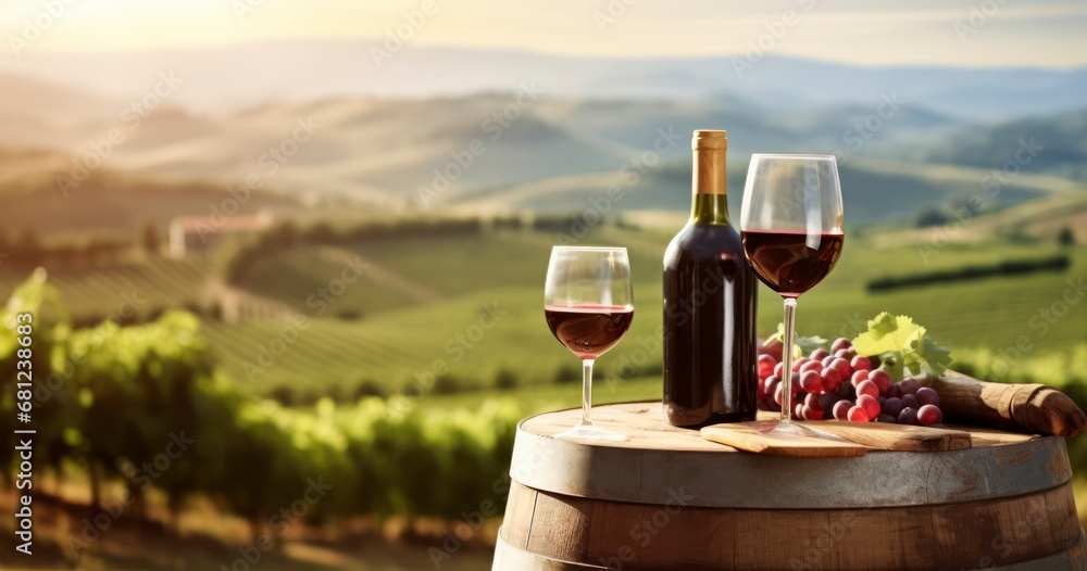 Vintage Views - Savoring Red Wine Beside a Wooden Barrel on a Picturesque Vineyard. Generative AI