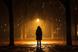 a woman standing in an autumn park at night, rear view, rainy weather, leaves falling from trees, streetlights